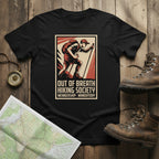 Black T-shirt with retro hiker graphic and text logo on the chest