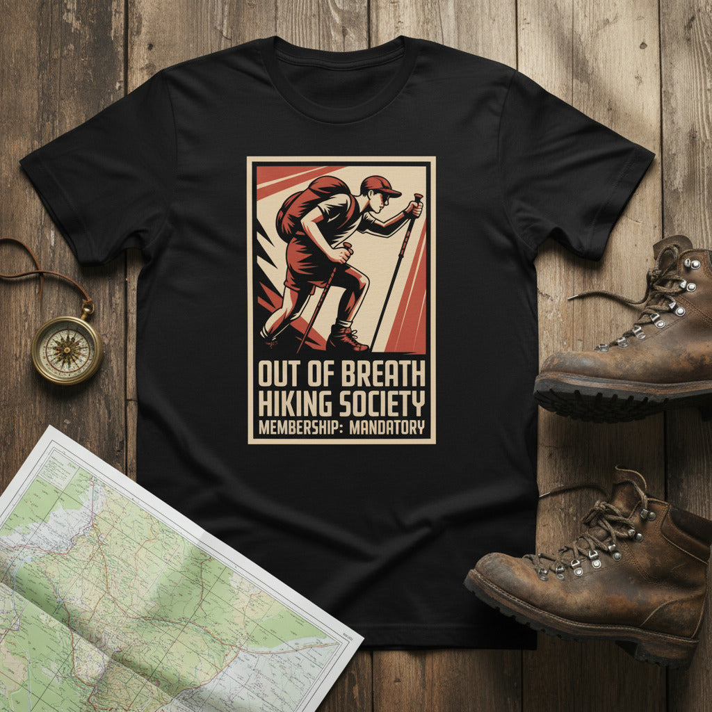 Black T-shirt with retro hiker graphic and text logo on the chest