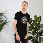 Black camping graphic t-shirt with circular Nature Called I Answered logo on chest