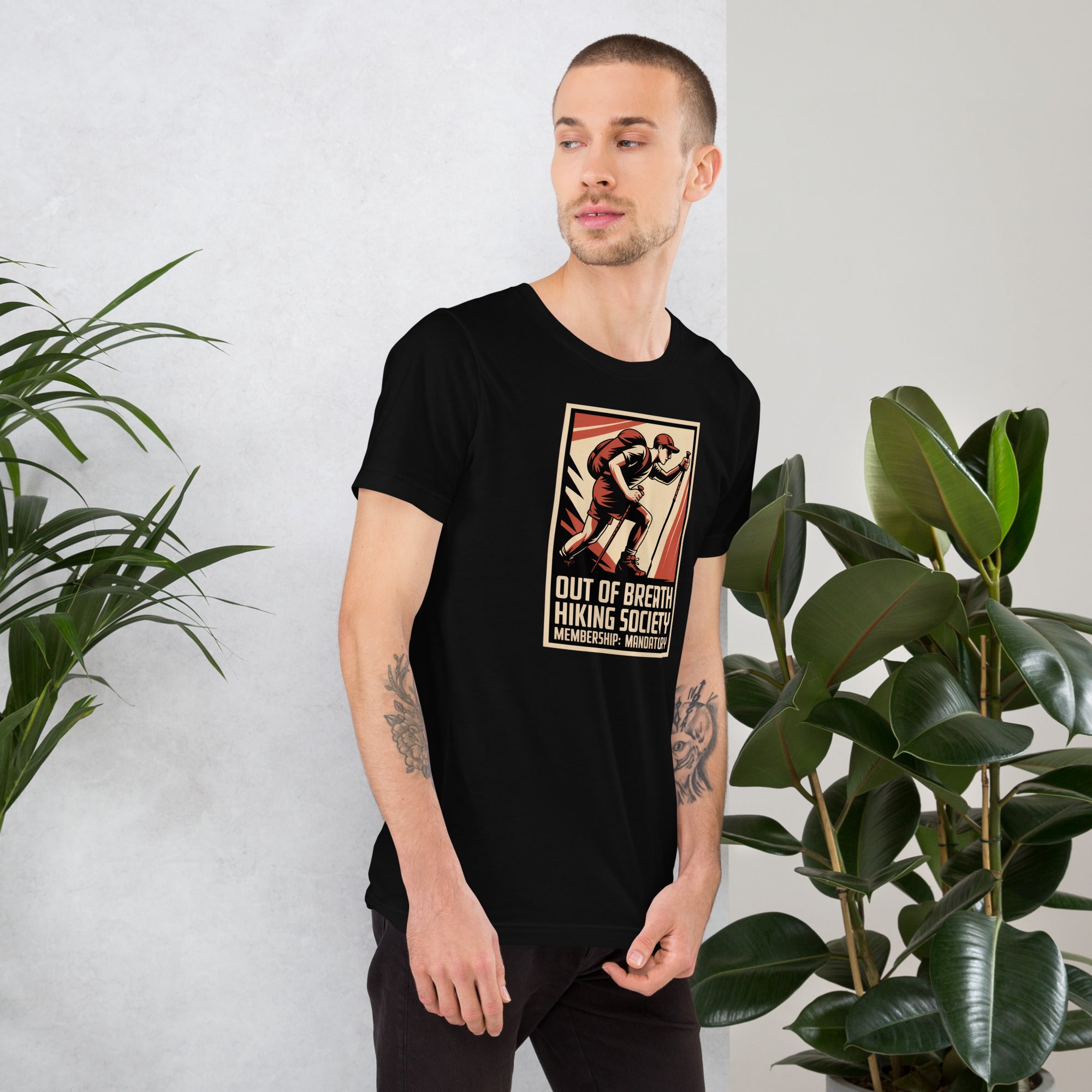 Black T-shirt with chest graphic: “Out of Breath Hiking Society” retro hiker