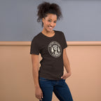 Dark brown camping graphic t-shirt with circular Nature Called I Answered logo print