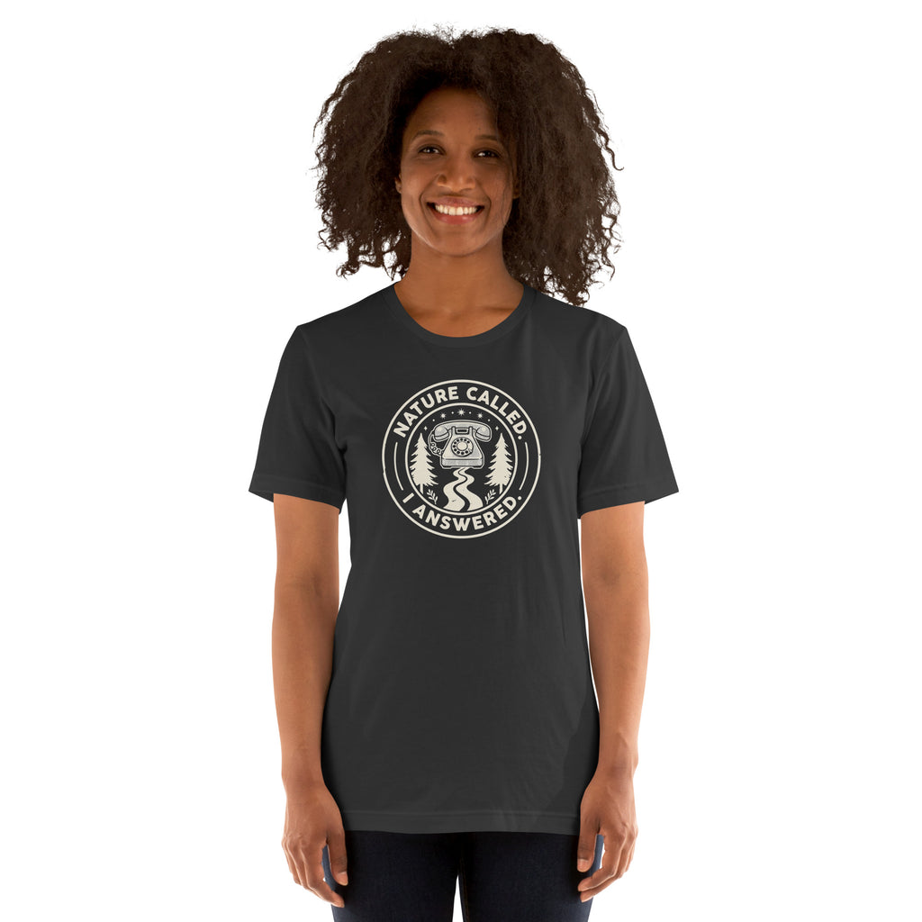 Black camping graphic t-shirt with circular Nature Called I Answered logo print