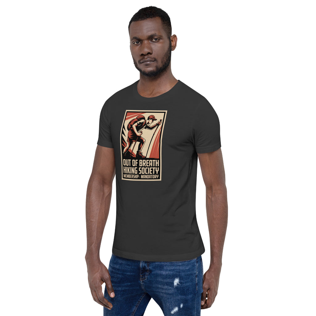 Dark grey T-shirt with retro hiker emblem and “Out of Breath Hiking Society” text