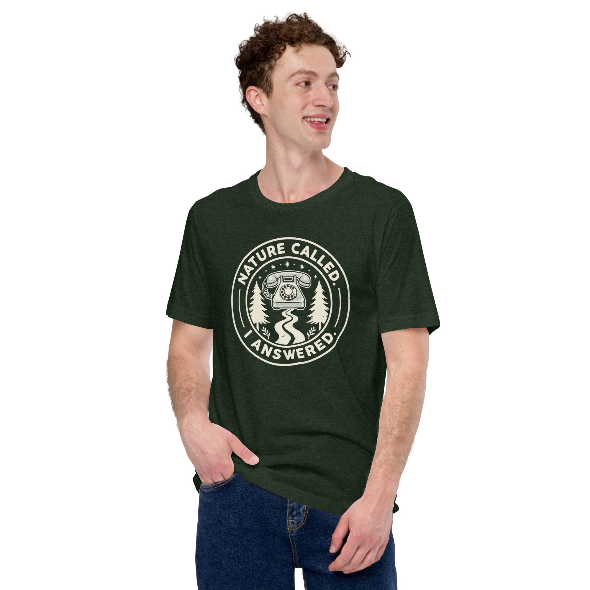 Dark green camping graphic t-shirt with circular Nature Called I Answered logo print