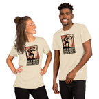 Heather natural T-shirt with retro hiker emblem graphic and stacked slogan text