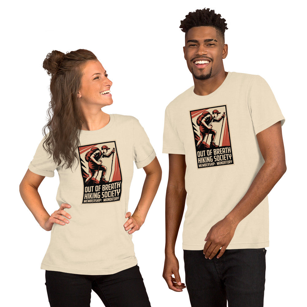 Heather natural T-shirt with retro hiker emblem graphic and stacked slogan text