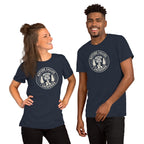 Navy camping graphic t-shirt with circular Nature Called I Answered logo on two models