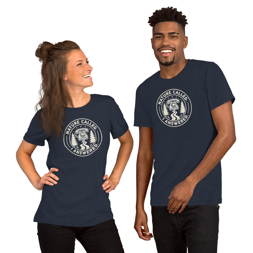 Navy camping graphic t-shirt with circular Nature Called I Answered logo on two models