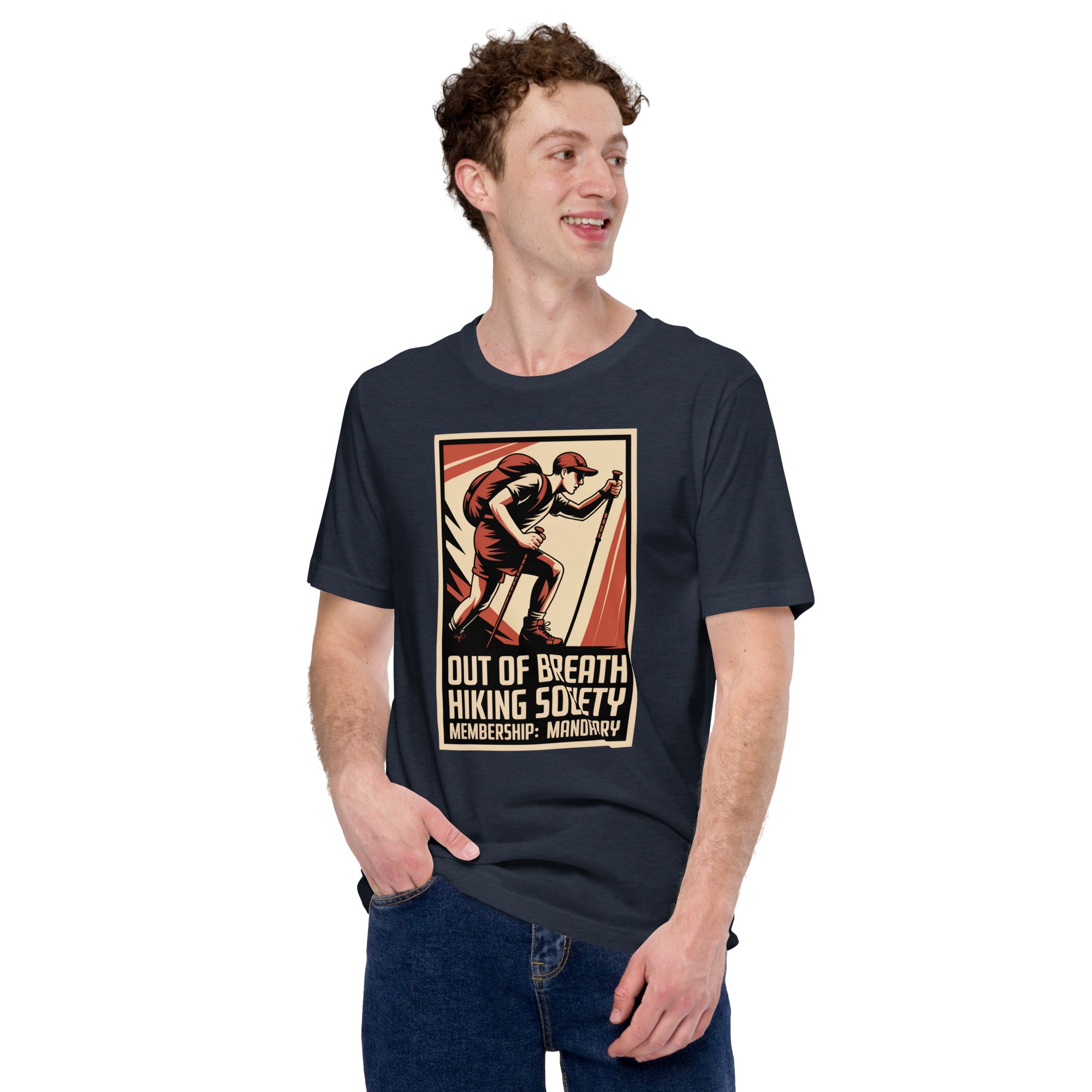 Navy T-shirt with retro hiker emblem print and “Membership: Mandatory” text