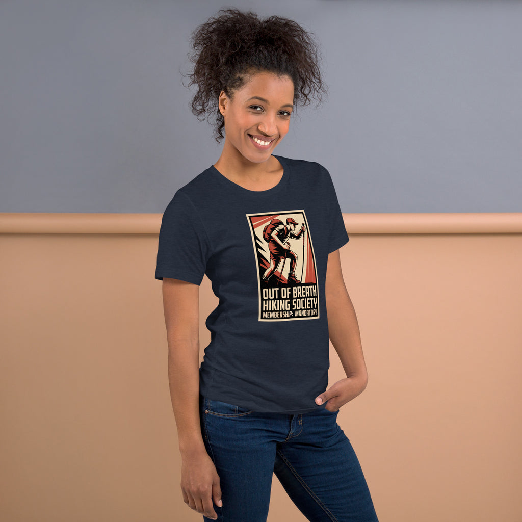 Navy T-shirt with chest graphic of a retro hiker and “Out of Breath” text