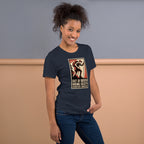 Navy T-shirt with chest graphic of a retro hiker and “Out of Breath” text