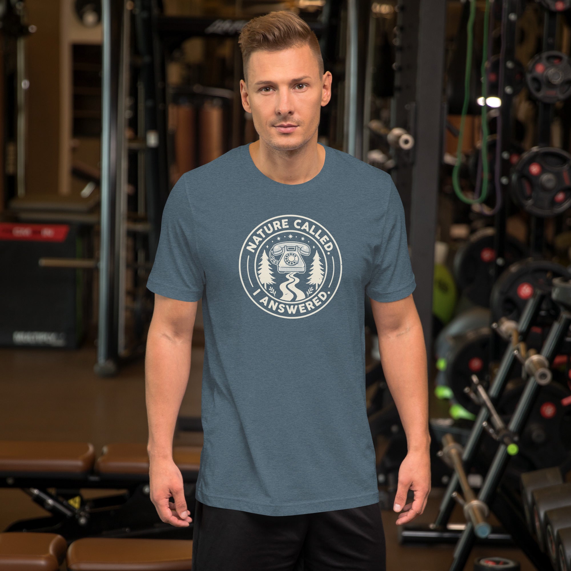Heather blue camping graphic t-shirt with circular Nature Called I Answered logo print