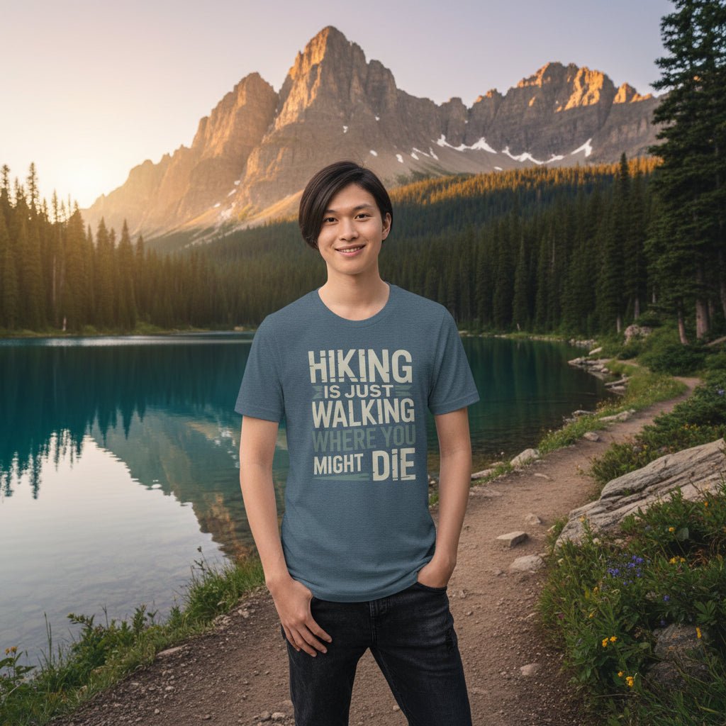 Heathered teal hiking T-shirt with graphic text: HIKING IS JUST WALKING WHERE YOU MIGHT DIE