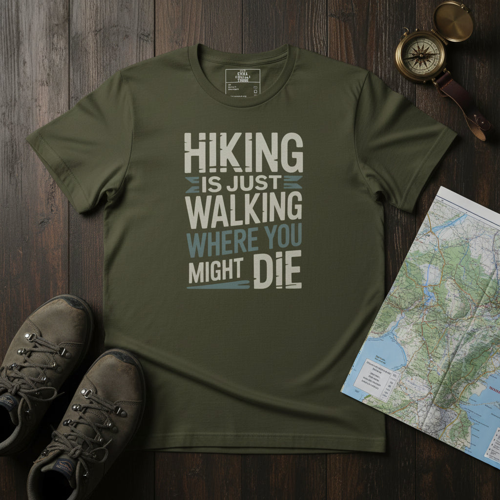 Olive green hiking T-shirt with 'HIKING IS JUST WALKING...' text graphic