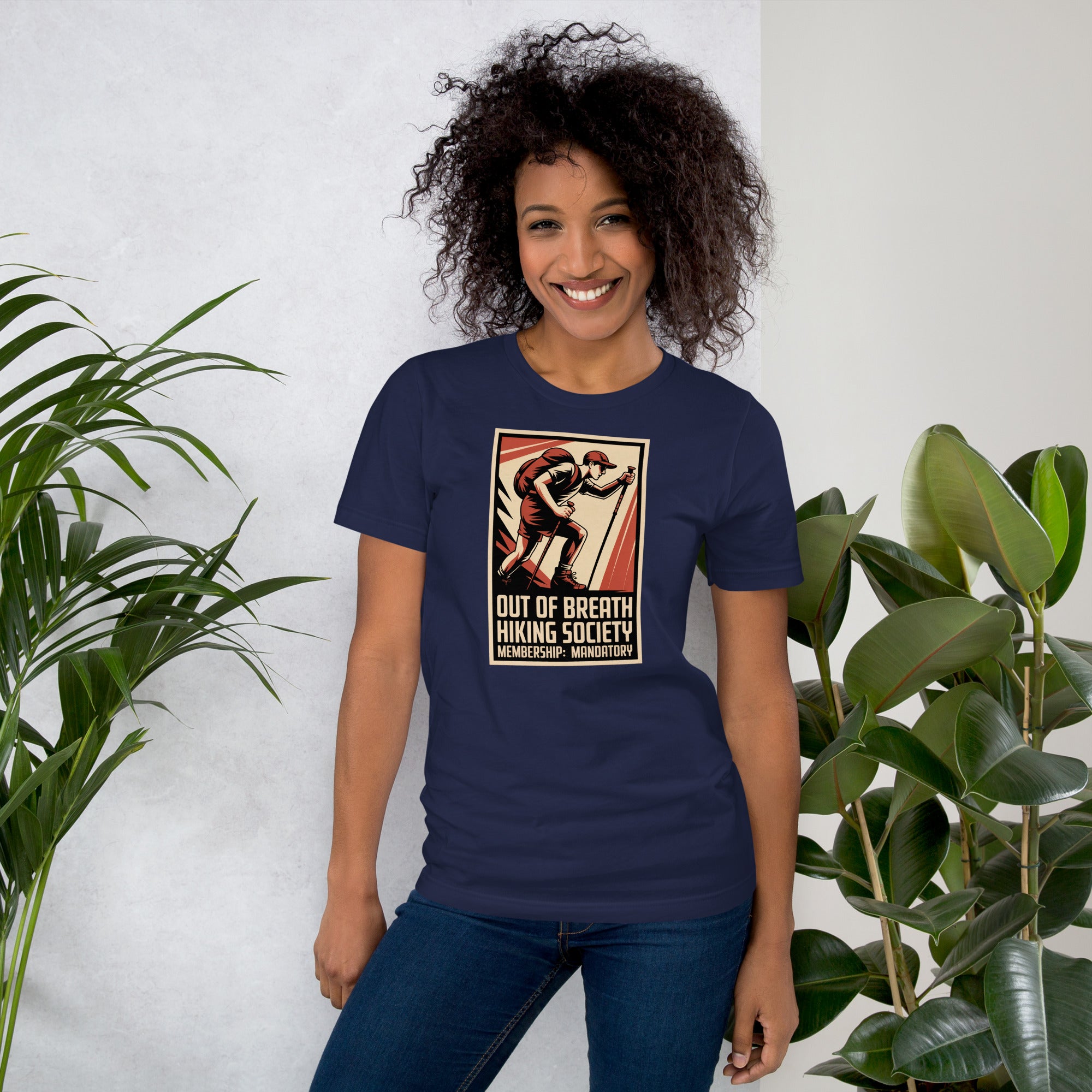 Navy T-shirt with retro hiker emblem graphic and stacked “Hiking Society” text