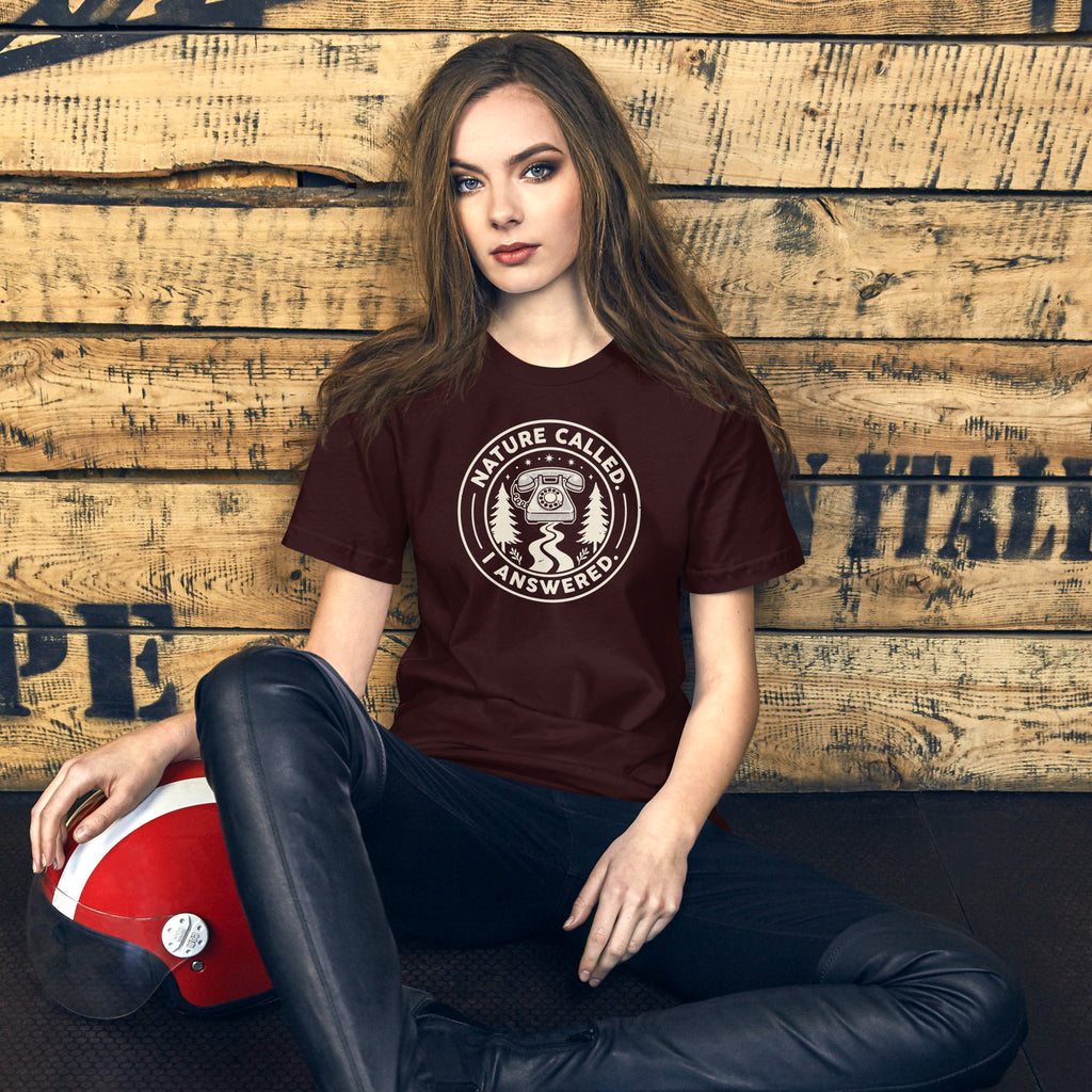 Oxblood camping graphic t-shirt with circular Nature Called I Answered logo print