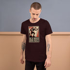 Burgundy T-shirt with retro hiker emblem and “Out of Breath Hiking Society” text