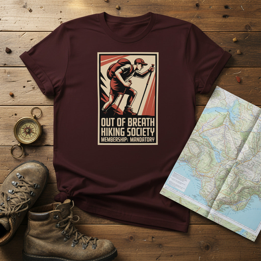 Hiking society graphic T-shirt in dark maroon with front logo print