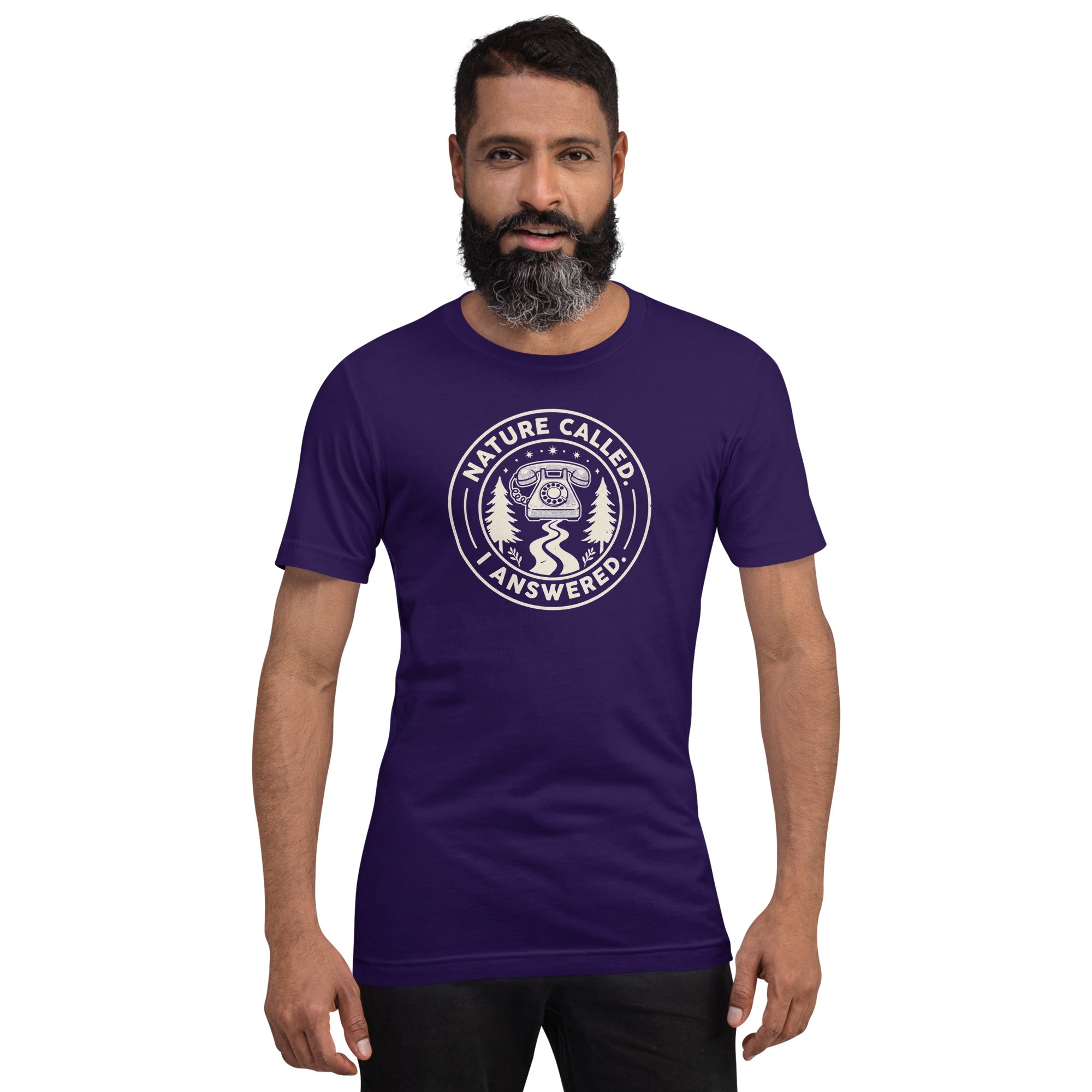 Team purple camping graphic t-shirt with circular Nature Called I Answered logo