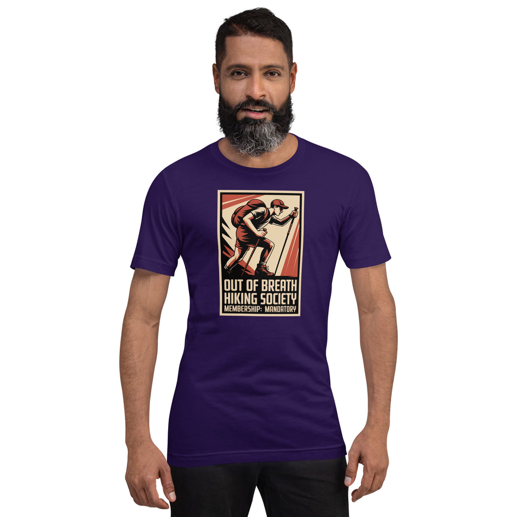 Purple T-shirt with retro hiker emblem print and “Out of Breath Hiking Society” text