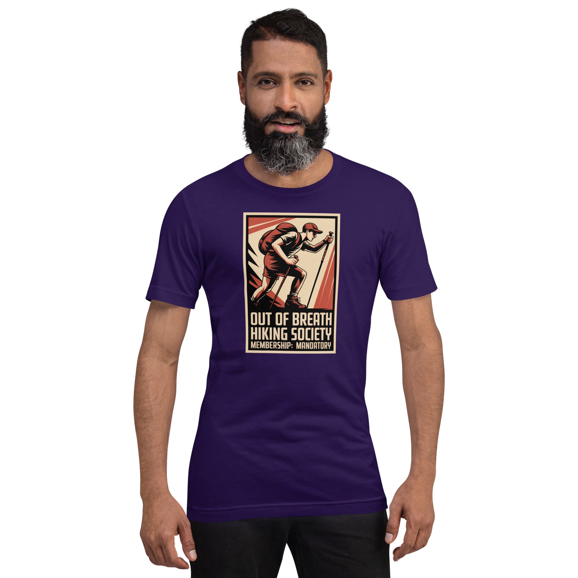 Purple T-shirt with retro hiker emblem print and “Out of Breath Hiking Society” text