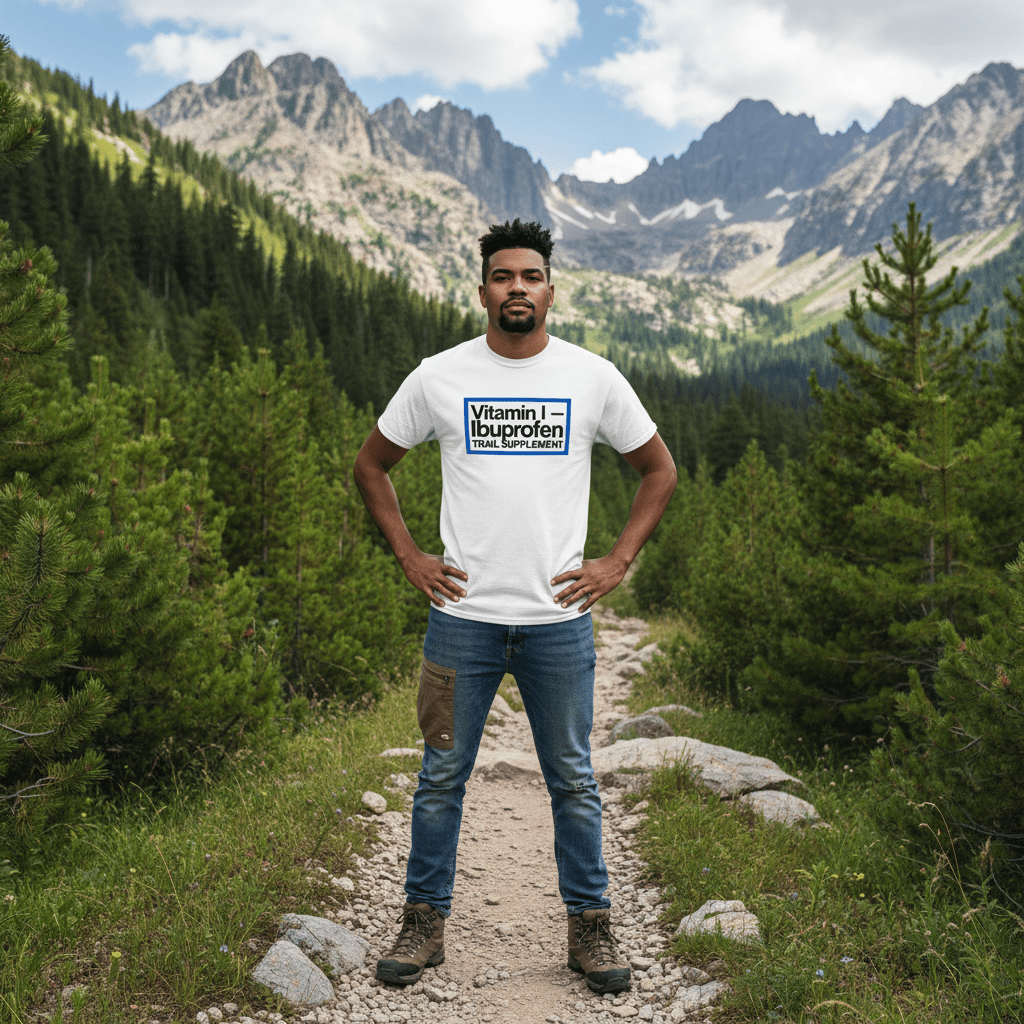 White T-shirt with Vitamin I—Ibuprofen Trail Supplement logo on front.