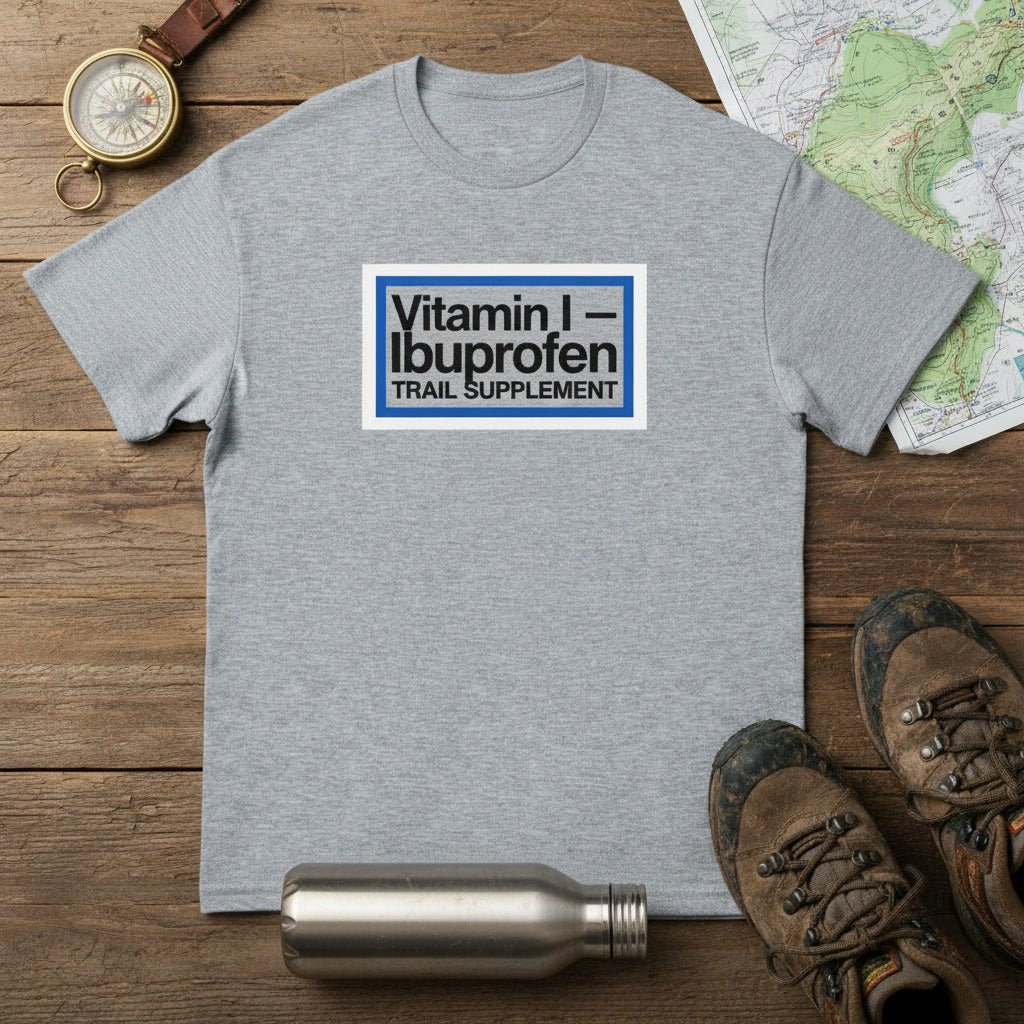 Sport grey T-shirt with Vitamin I—Ibuprofen Trail Supplement logo on front.