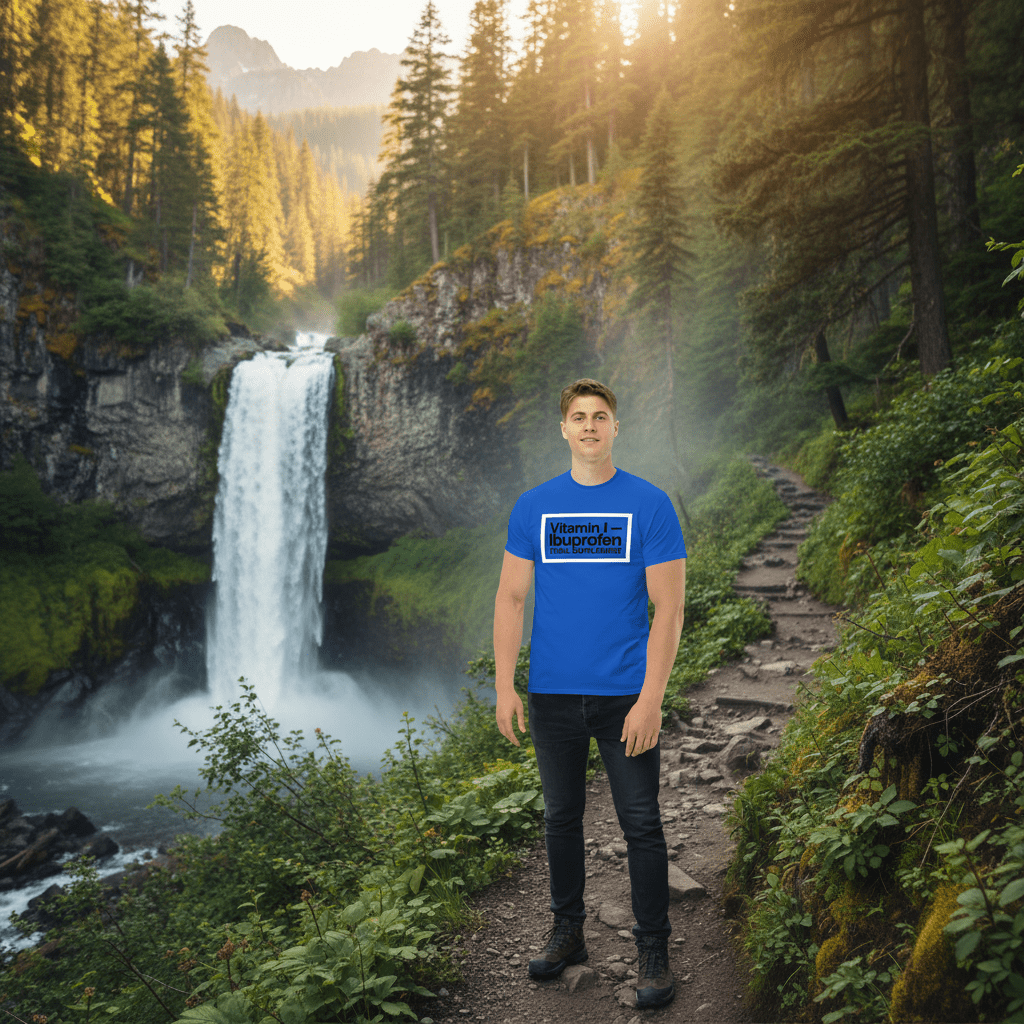 Royal blue T-shirt with Vitamin I—Ibuprofen Trail Supplement logo on front.
