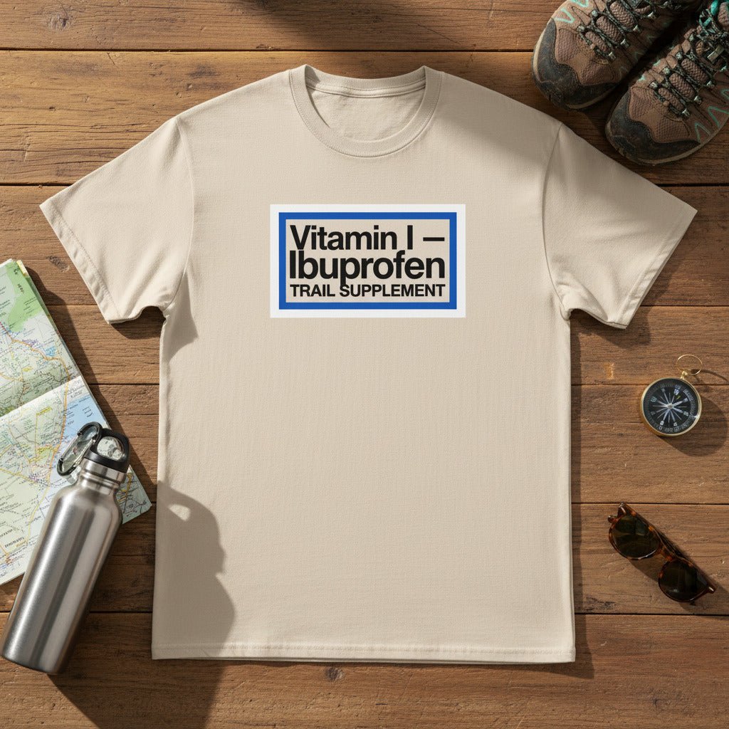 Natural cream T-shirt with Vitamin I—Ibuprofen Trail Supplement logo on front.