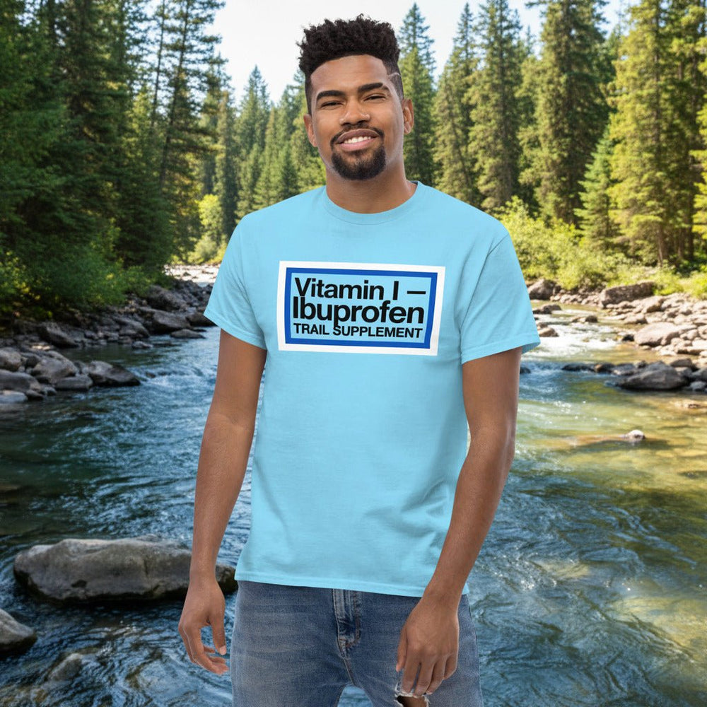 Light blue ibuprofen trail supplement t-shirt with front graphic logo