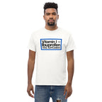 White ibuprofen trail supplement t-shirt with front graphic logo