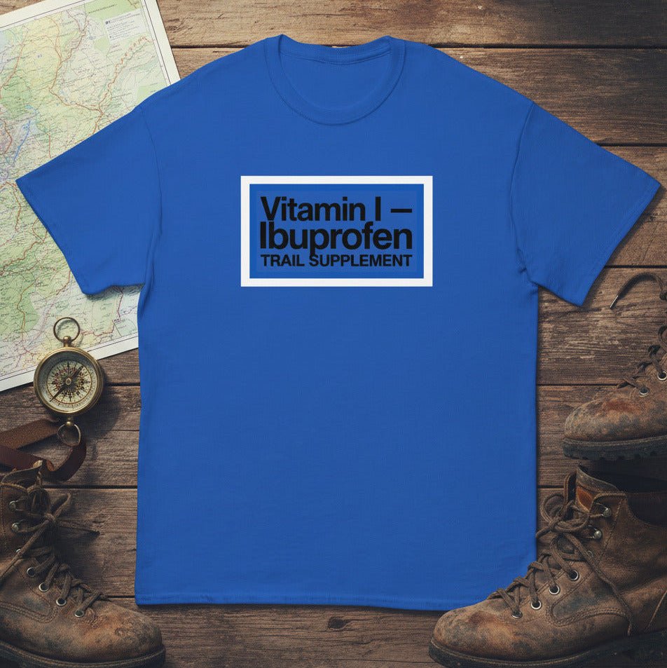 Royal blue ibuprofen trail supplement t-shirt with front graphic logo