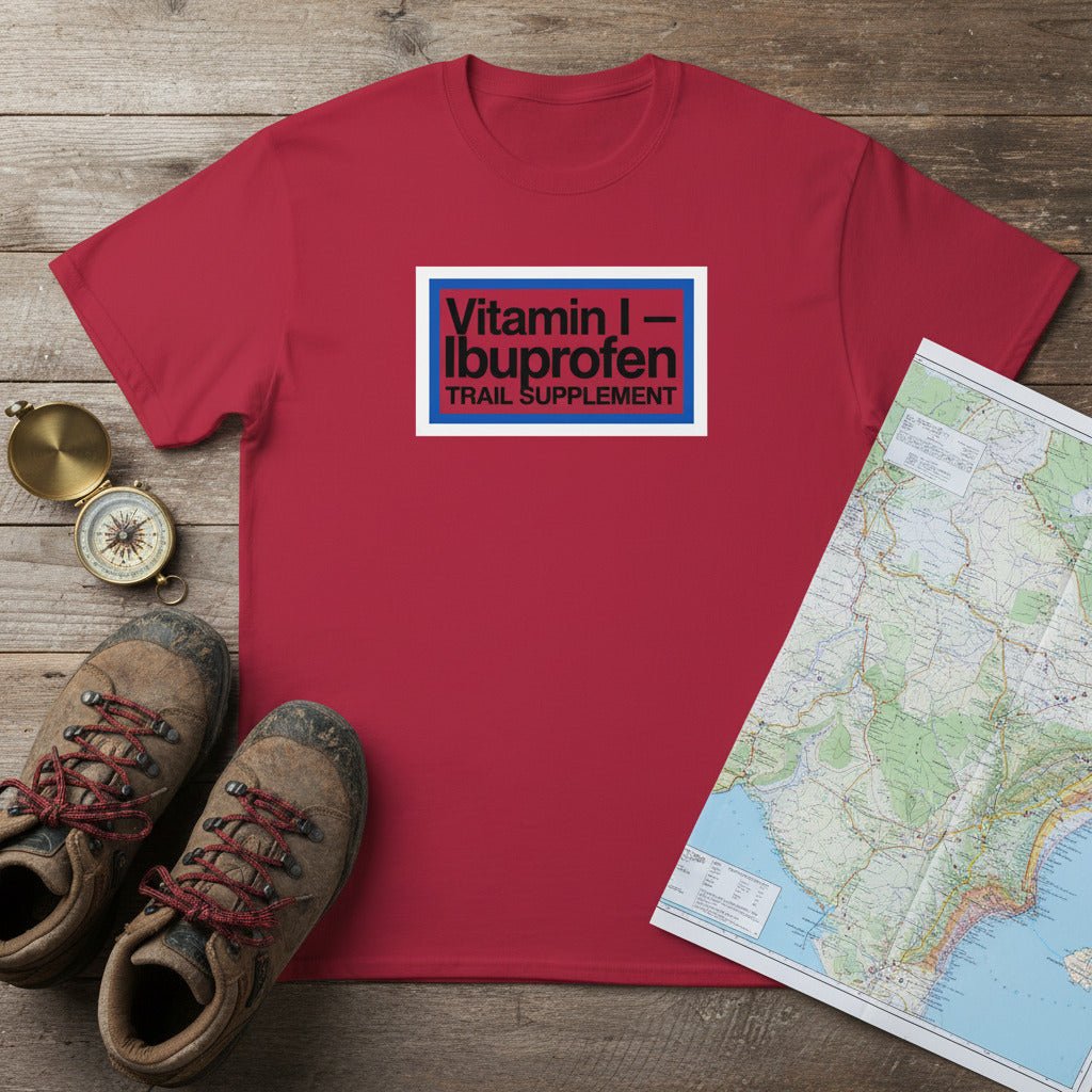 Cardinal red T-shirt with Vitamin I—Ibuprofen Trail Supplement logo on front.