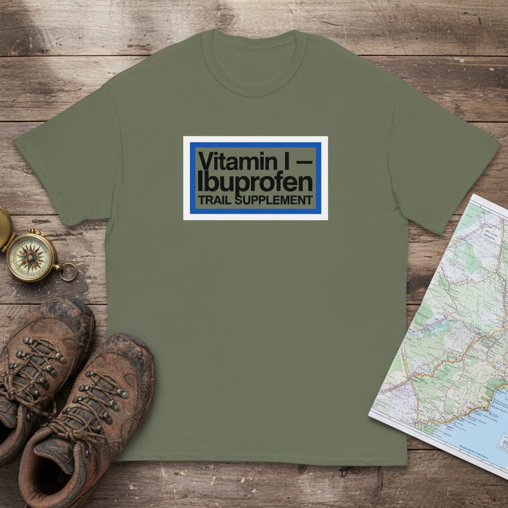 Olive T-shirt with Vitamin I—Ibuprofen Trail Supplement logo on front.