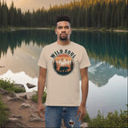 Men's beige T-shirt with Wild Soul bear camping badge graphic