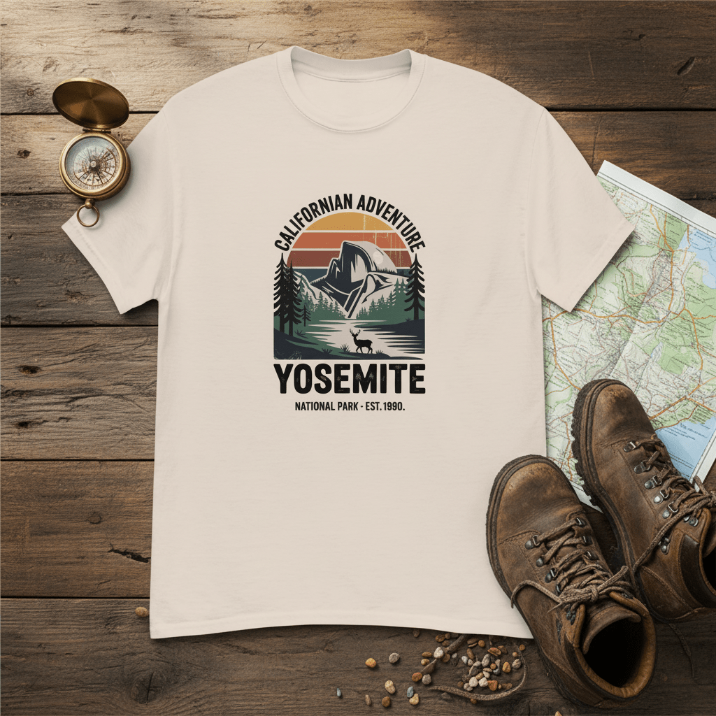 White Yosemite hiking T-shirt with mountain and forest logo front print