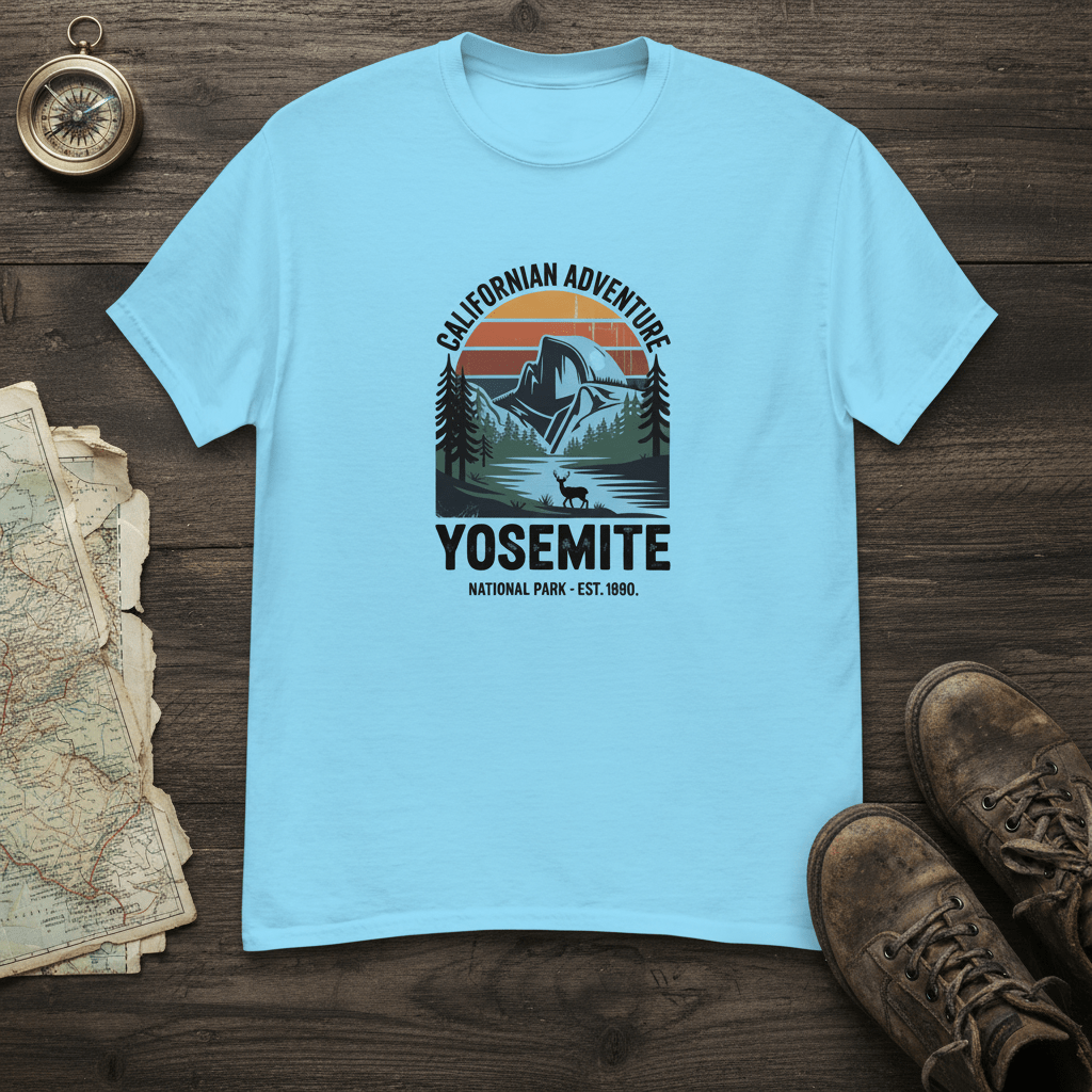 Sky blue Yosemite hiking T-shirt with mountain and forest logo front print