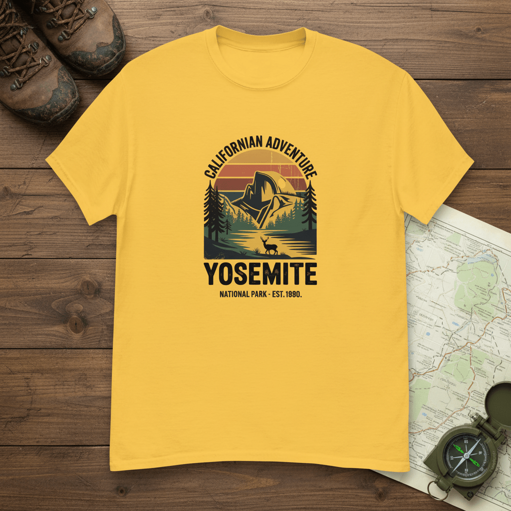 Daisy yellow Yosemite hiking T-shirt with mountain and pine scene front print
