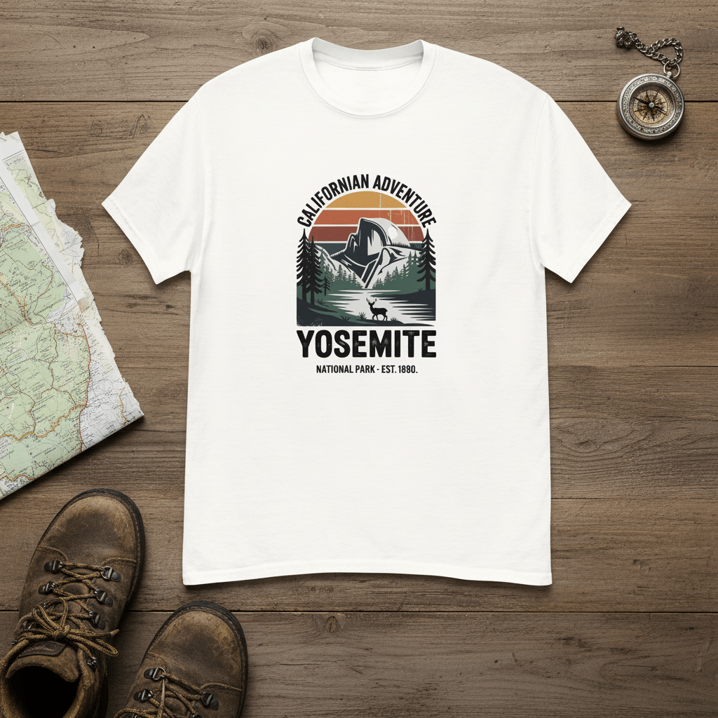 White Yosemite hiking T-shirt with mountain emblem and Yosemite text front print
