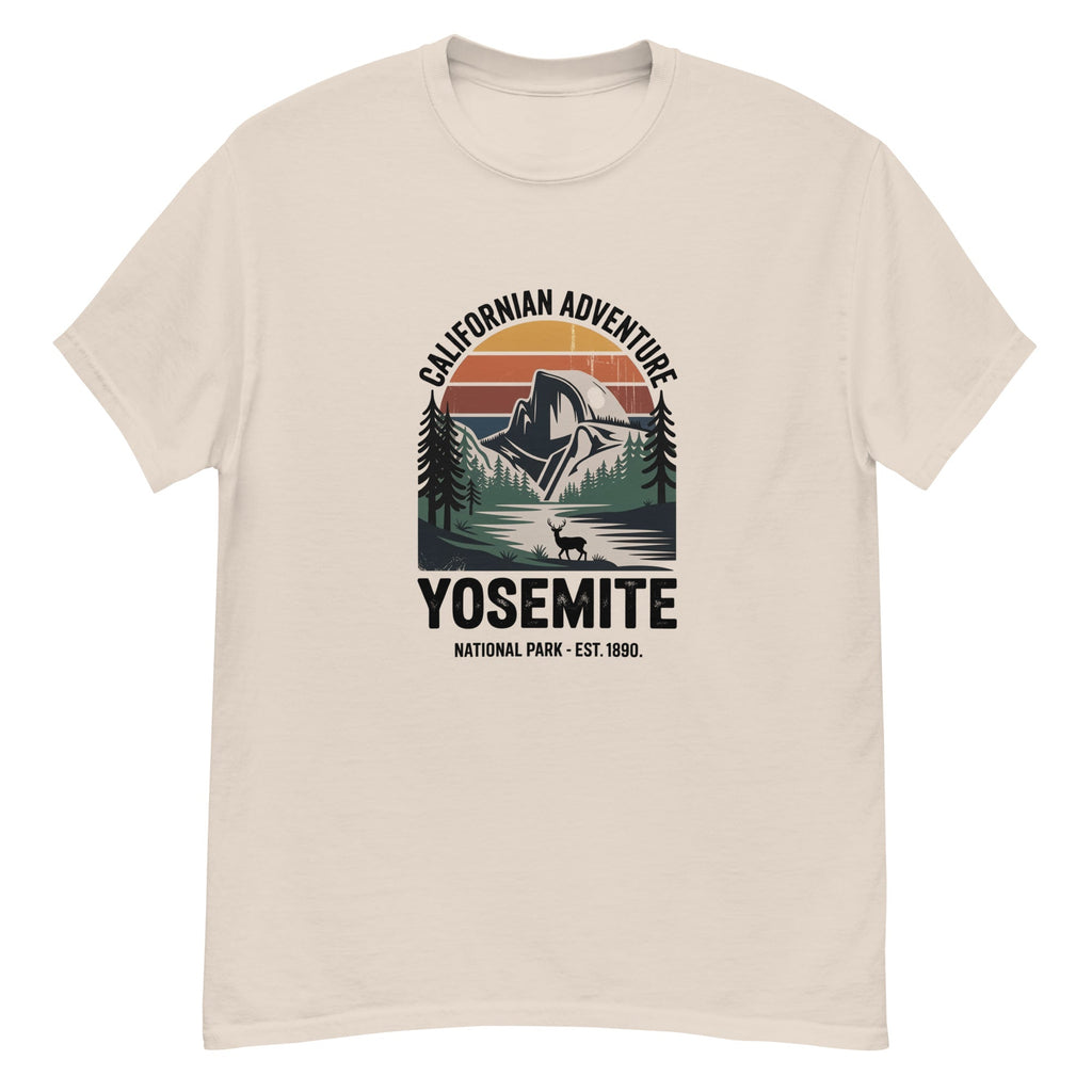 Natural beige Yosemite hiking T-shirt with mountain and forest emblem front print