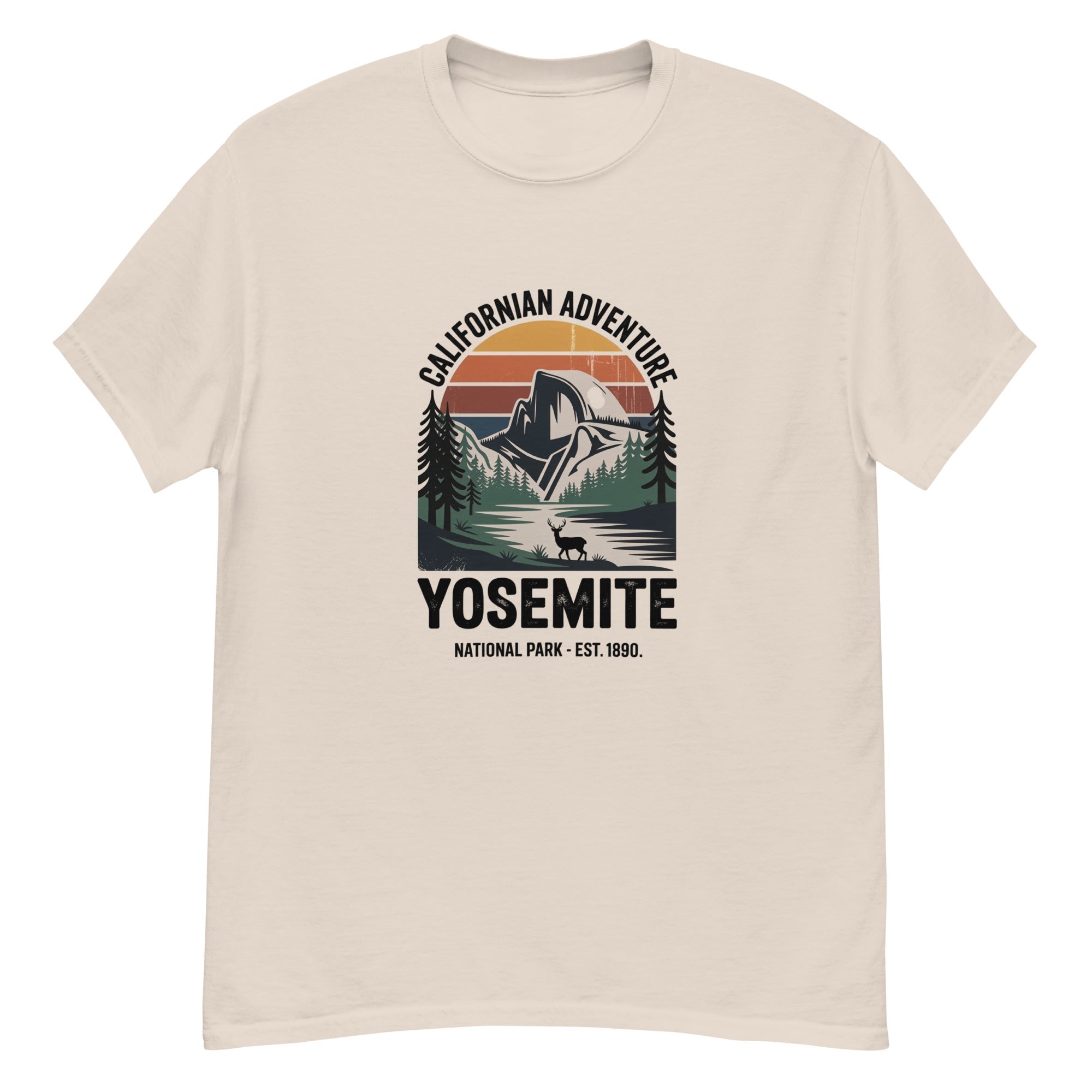 Natural beige Yosemite hiking T-shirt with mountain and forest emblem front print