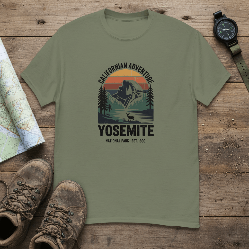 Military green Yosemite hiking T-shirt with mountain landscape logo front print