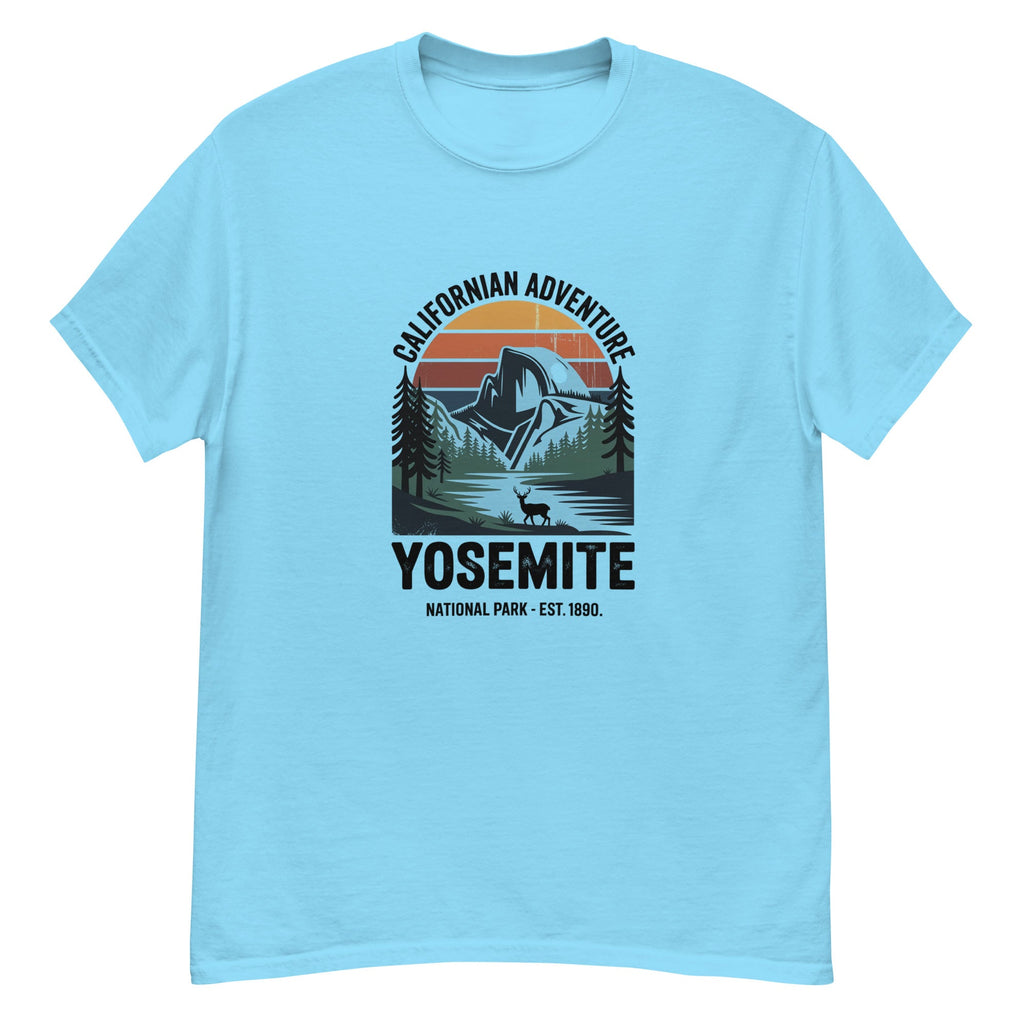 Sky blue Yosemite hiking T-Shirt with front mountain logo graphic