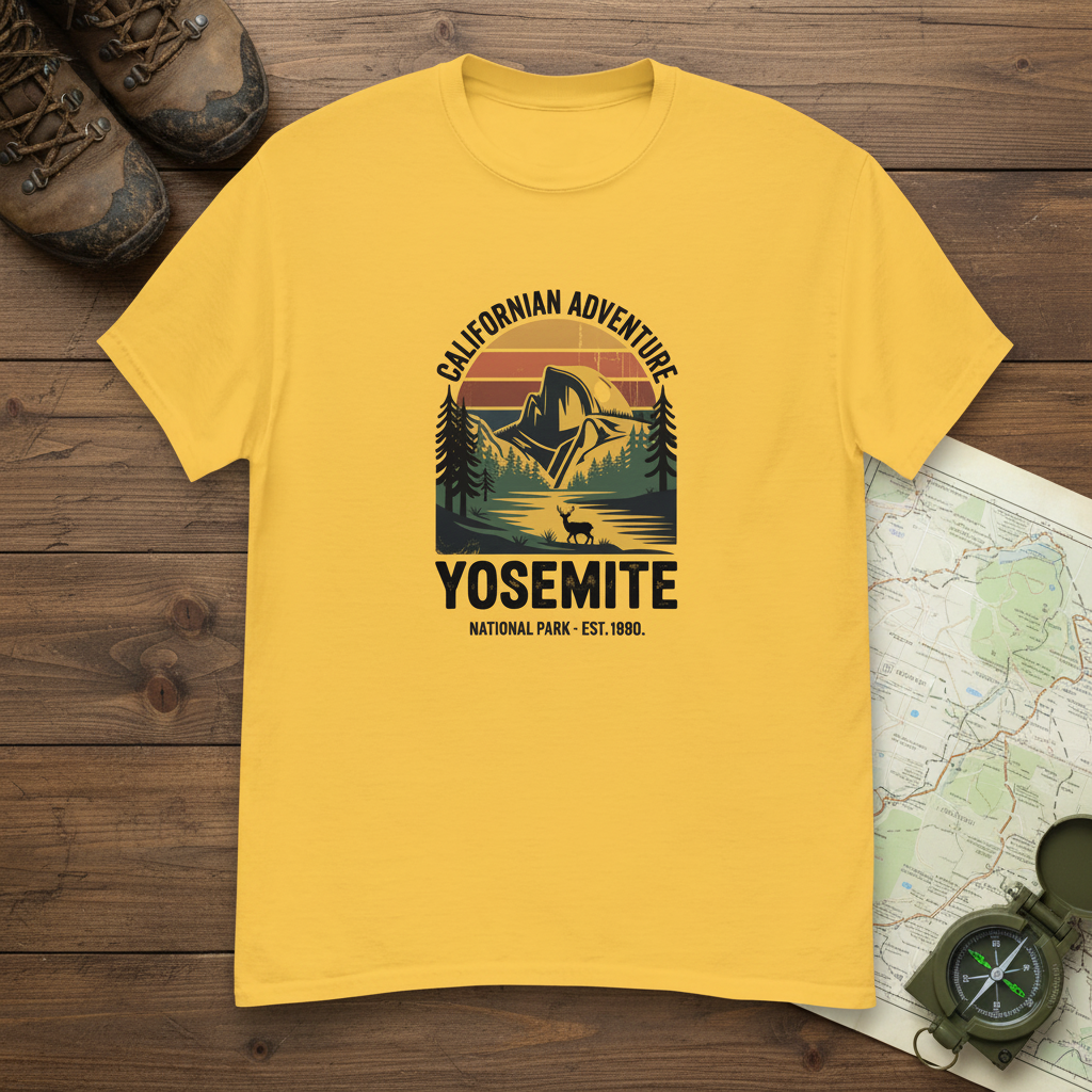 Yellow Yosemite hiking T-shirt with front Yosemite graphic print