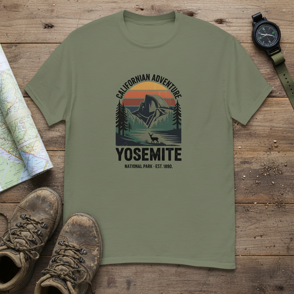 Green Yosemite hiking T-shirt with front Yosemite graphic print