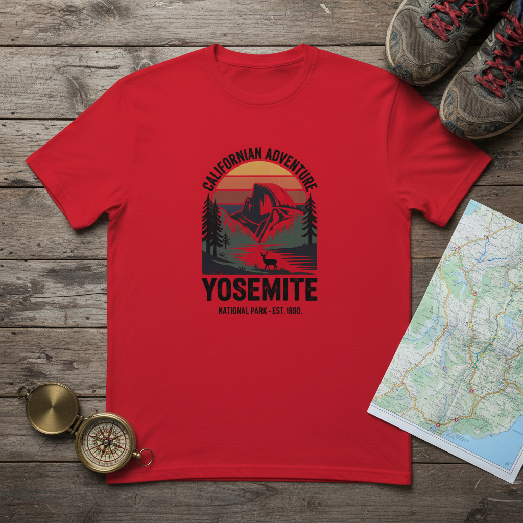 Red Yosemite hiking T-shirt with front Yosemite graphic print