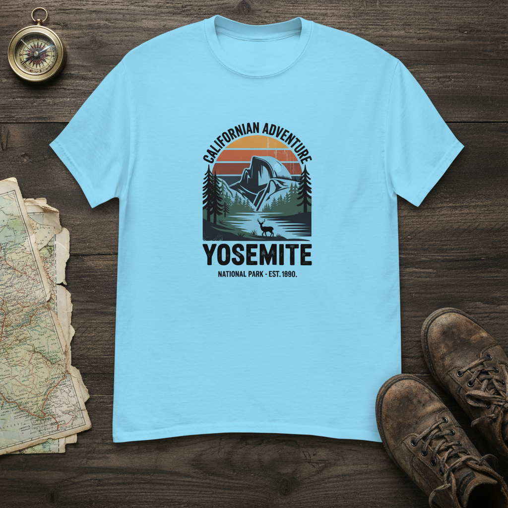Light blue Yosemite hiking T-shirt with front Yosemite graphic print