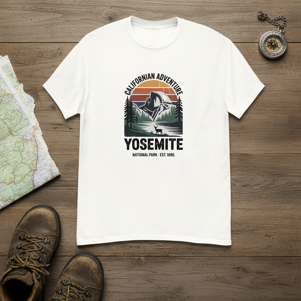 White Yosemite hiking T-shirt with centered Yosemite logo graphic