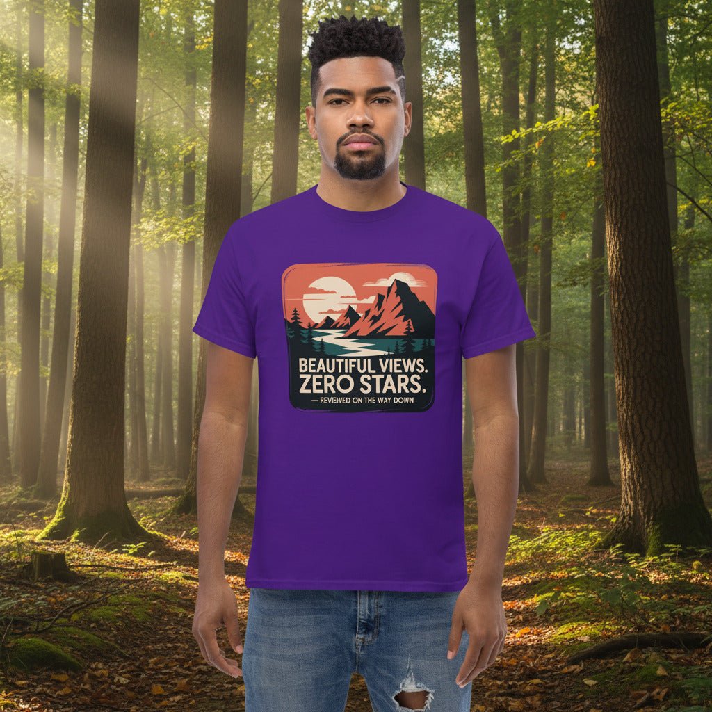 Purple hiking T-shirt with mountain “Beautiful Views. Zero Stars” graphic