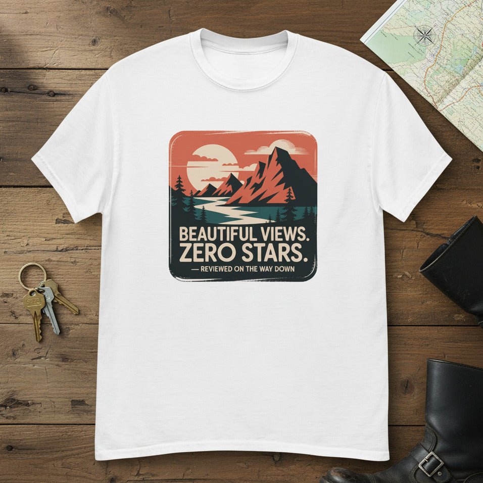 White hiking T-shirt with "Beautiful Views. Zero Stars" mountain graphic
